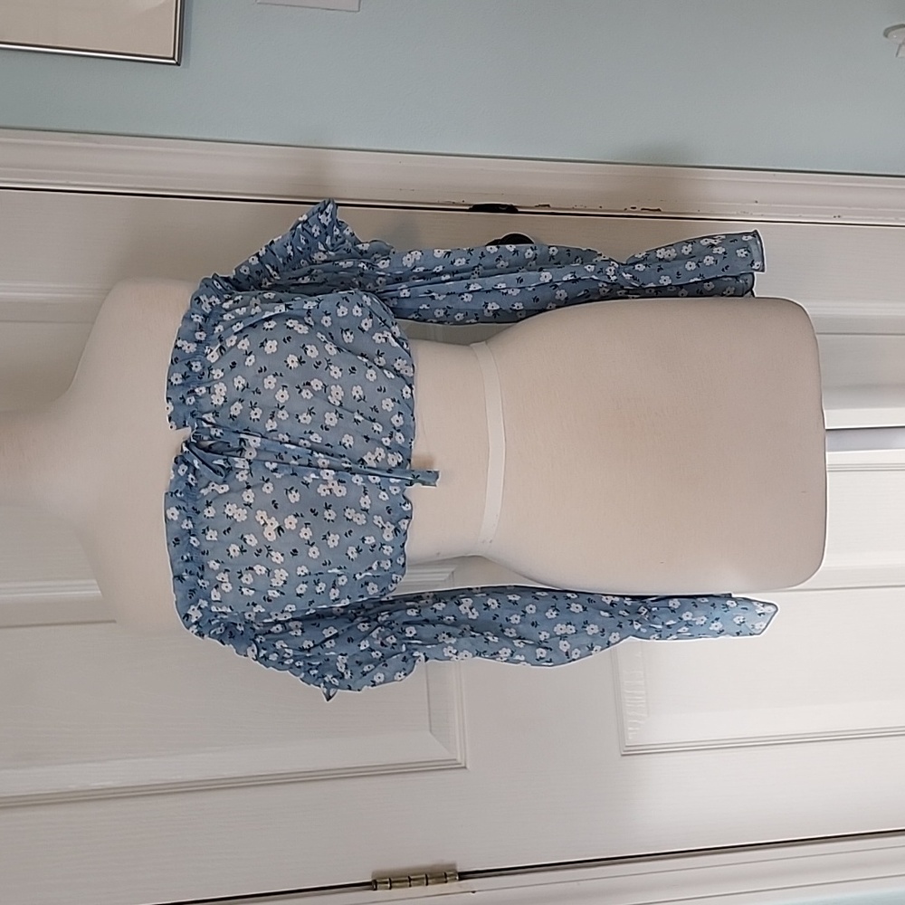 Blue Floral Crop Top with Long Sleeves size S